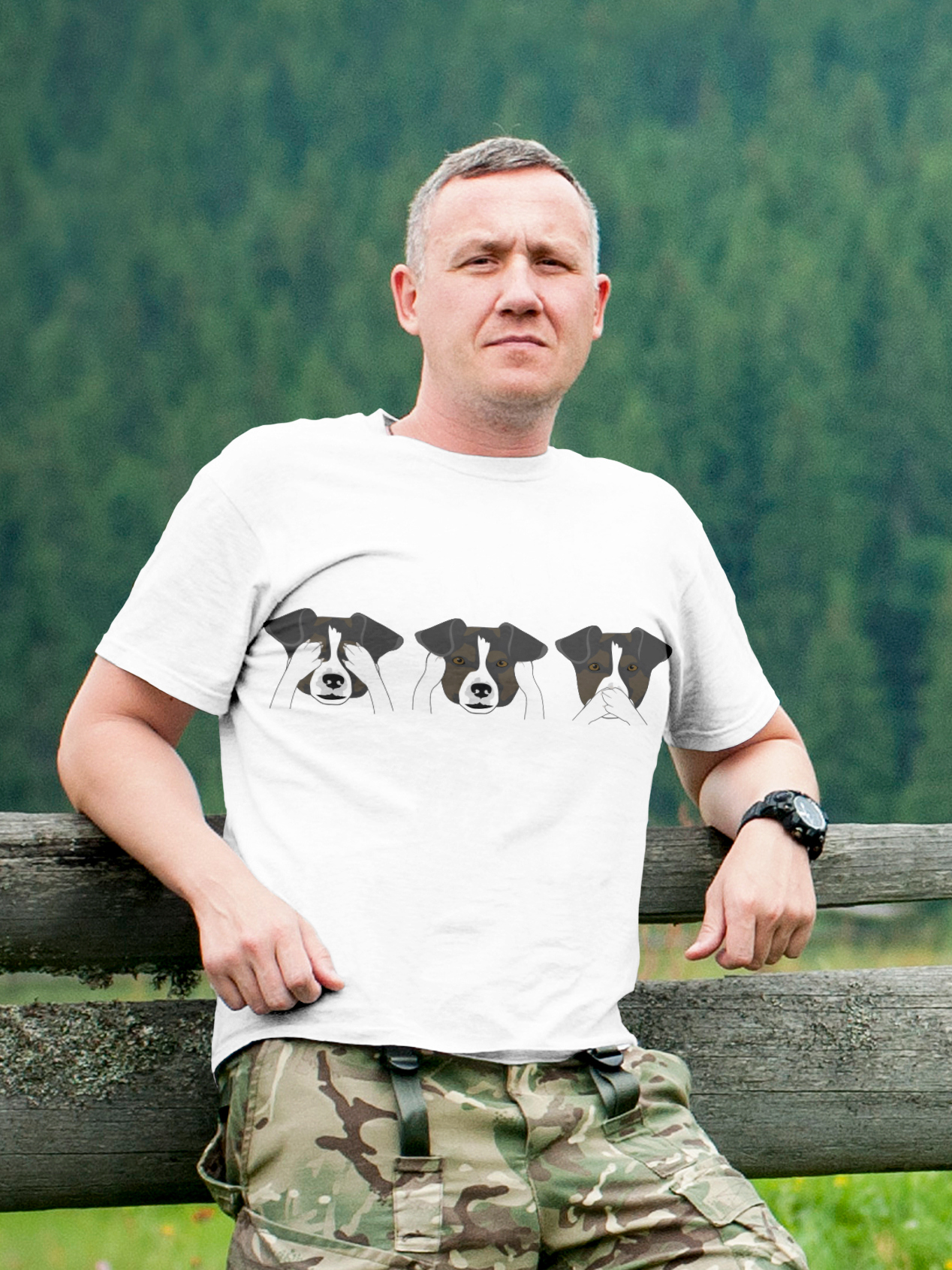 Męski t-shirt Psioszulka - Trzy mądre psy nie widzę nic złego, nie słyszę nic złego, nie mówię nic złego