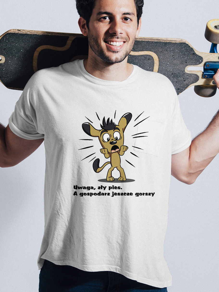 Męski t-shirt Psioszulka - uwaga zły pies a gospodarz jeszcze gorszy! Zabawna grafika psa