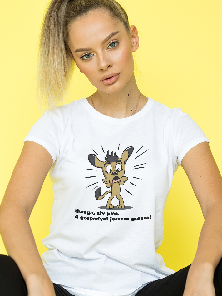Damski t-shirt Psioszulka - uwaga zły pies a gospodyni jeszcze gorsza! Zabawna grafika psa