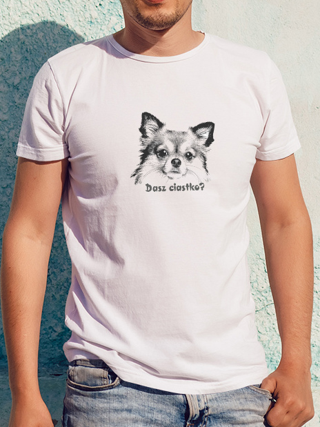 Damski t-shirt Psioszulka - Dasz ciastko? Koszulka ze szkicem chihuahua i śmiesnym tekstem