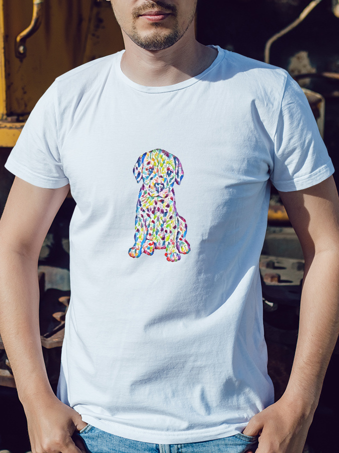 Męski t-shirt Psioszulka - koszulka z ciekawym surrealistycznym wzorem siedzącego szczeniaka