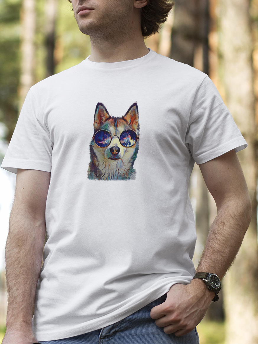 Męski t-shirt Psioszulka - bluzka z psem w okularach - surrealistyczna grafika