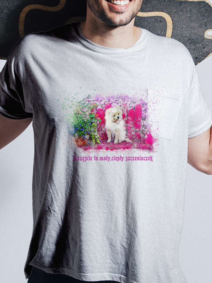 Damski t-shirt Psioszulka - szczęście to mały, ciepły szczeniak - mały biały piesek