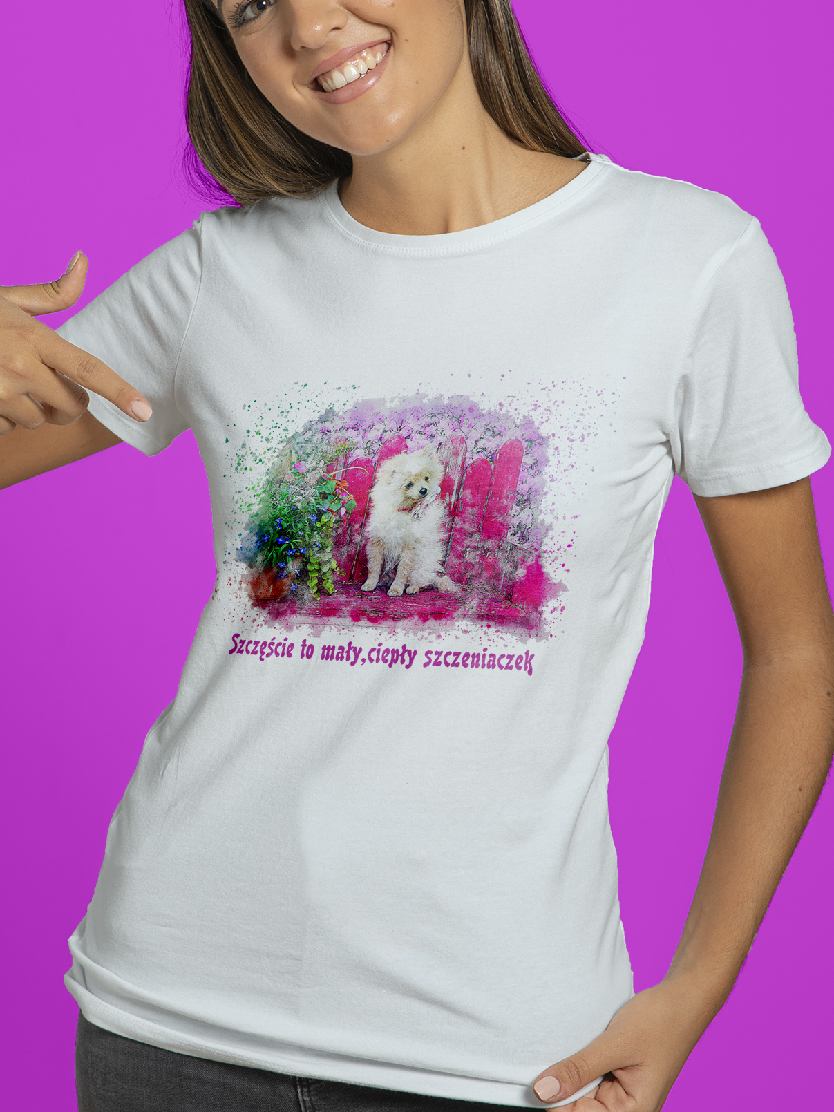 Męski t-shirt Psioszulka - szczęście to mały, ciepły szczeniak - mały biały piesek