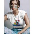 Damski t-shirt Psioszulka - koszulka z surrealistyczną kolorową grafiką szczeniaka
