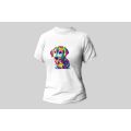 Damski t-shirt Psioszulka - koszulka z surrealistyczną kolorowym wzorem szczeniaka