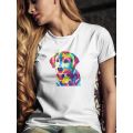 Damski t-shirt Psioszulka - koszulka z surrealistyczną kolorowym wzorem szczeniaka