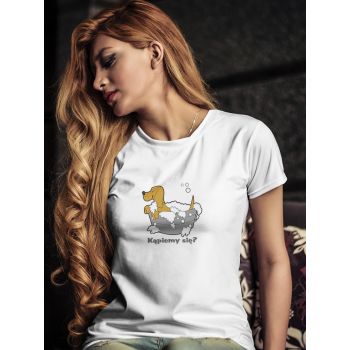 Damski t-shirt Psioszulka - Kąpiemy się? Zabawna grafika psa