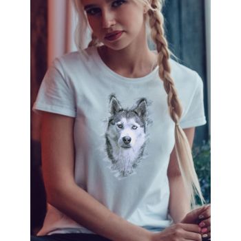 Damski t-shirt Psioszulka - Husky - Piękny wzór koszulki ze szkicem psa Haskiego