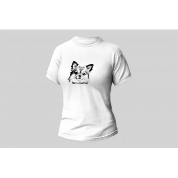 Damski t-shirt Psioszulka - Dasz ciastko? Koszulka ze szkicem chihuahua i śmiesnym tekstem