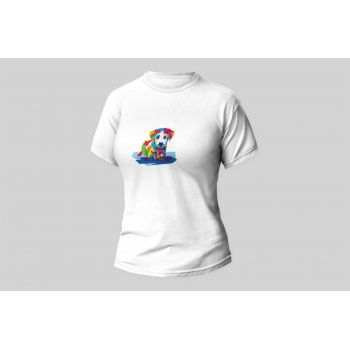 Damski t-shirt Psioszulka - koszulka z surrealistyczną kolorową grafiką szczeniaka
