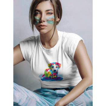 Damski t-shirt Psioszulka - koszulka z surrealistyczną kolorową grafiką szczeniaka