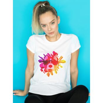 Damski t-shirt Psioszulka - koszulka z surrealistyczną kolorową grafiką pies w okularach