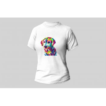 Damski t-shirt Psioszulka - koszulka z surrealistyczną kolorowym wzorem szczeniaka