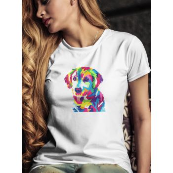 Damski t-shirt Psioszulka - koszulka z surrealistyczną kolorowym wzorem szczeniaka