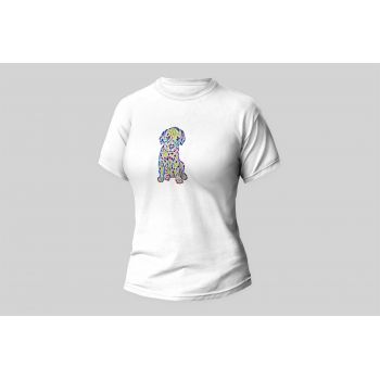 Damski t-shirt Psioszulka - koszulka z ciekawym surrealistycznym wzorem siedzącego szczeniaka