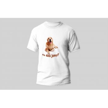 Męski t-shirt Psioszulka - golden retriever - co dziś jemy?