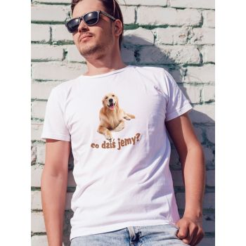Męski t-shirt Psioszulka - golden retriever - co dziś jemy?