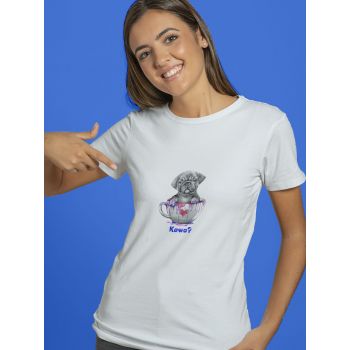 Damski t-shirt Psioszulka - narysowany szczeniak w filiżance - Kawa?