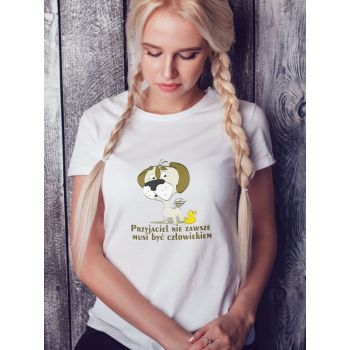 Damski t-shirt Psioszulka - Pies i kaczuszka - Przyjaciel nie zawsze musi być człowiekiem