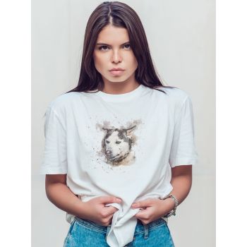 Damski t-shirt Psioszulka - husky z niebieskimi oczami - portret